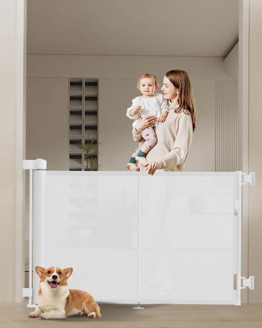 59 inch Retractable Baby Gates 34 inch Tall, Retractable Gate with Reinforced Strip Design to Prevent Crawling Through, 5 FT Retractable Dog Gate for Stairs, Doorways, Hallways, Indoor/Outdoor (White)