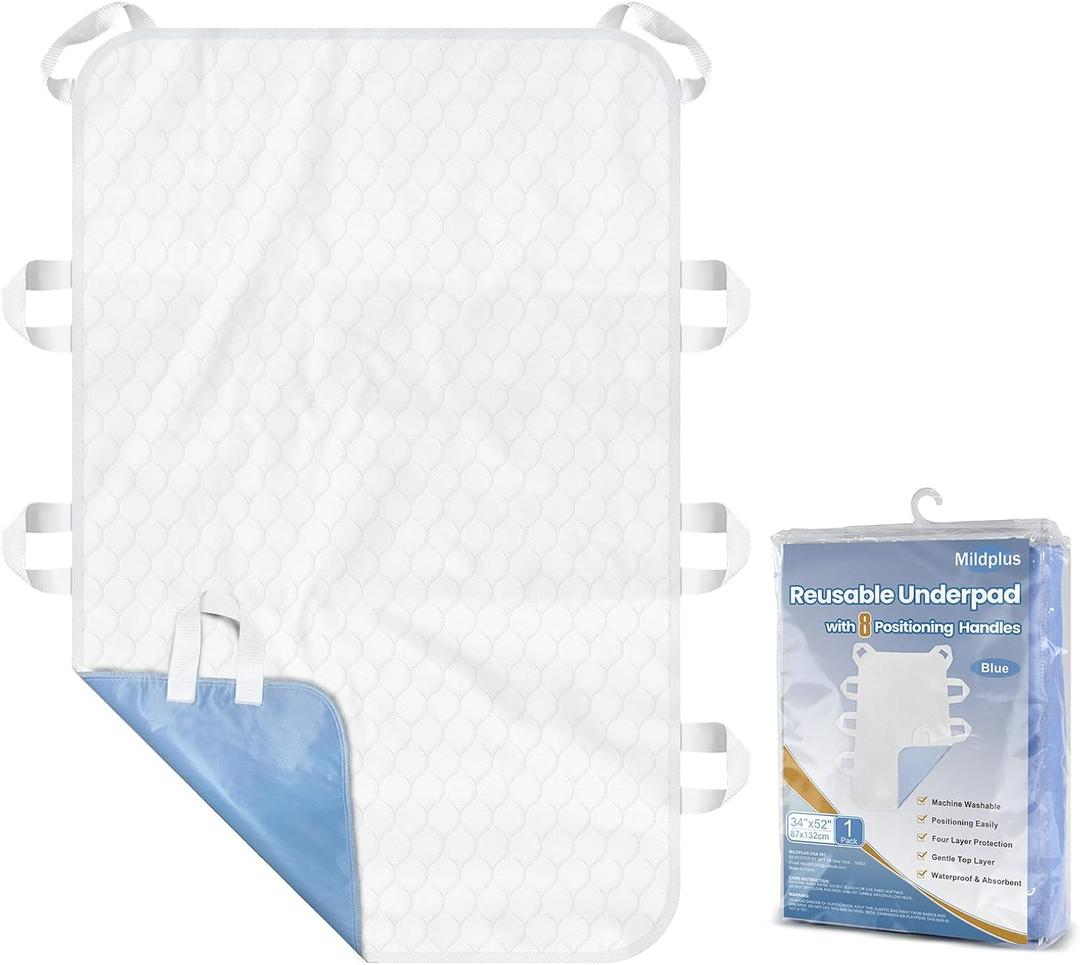 Washable Bed Pads with 8 Sturdy Handles 3452 Extra Large Reusable Underpads 4-Layers Leakproof Chucks Pads Washable for Incontinence (1 Pack; Blue)