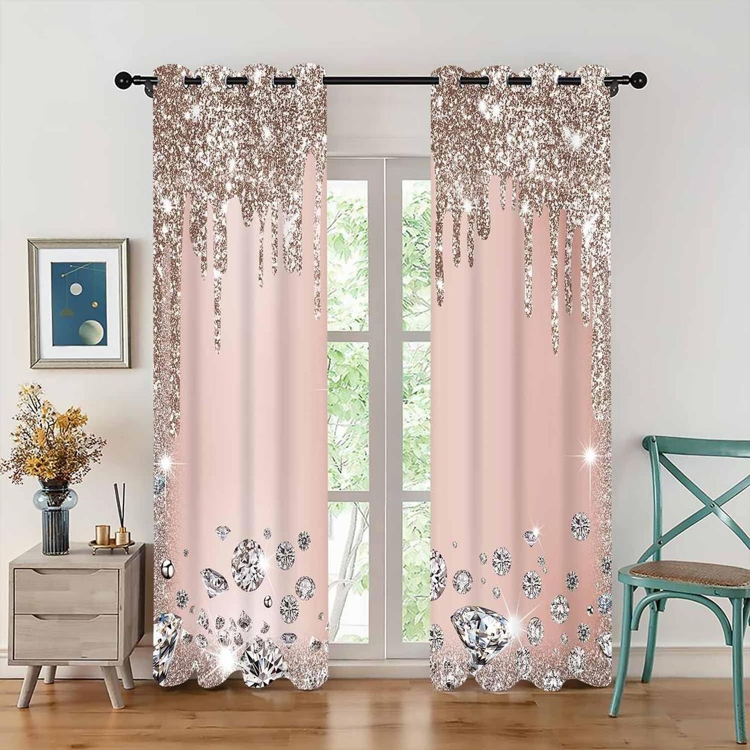 Sparkling Diamond Curtains Rose Gold Sparkling Drips Wall Decoration Inspiration Art Blackout Curtains for Bedrooms Living Rooms 2 Panels 52x84inch CLZYMS128