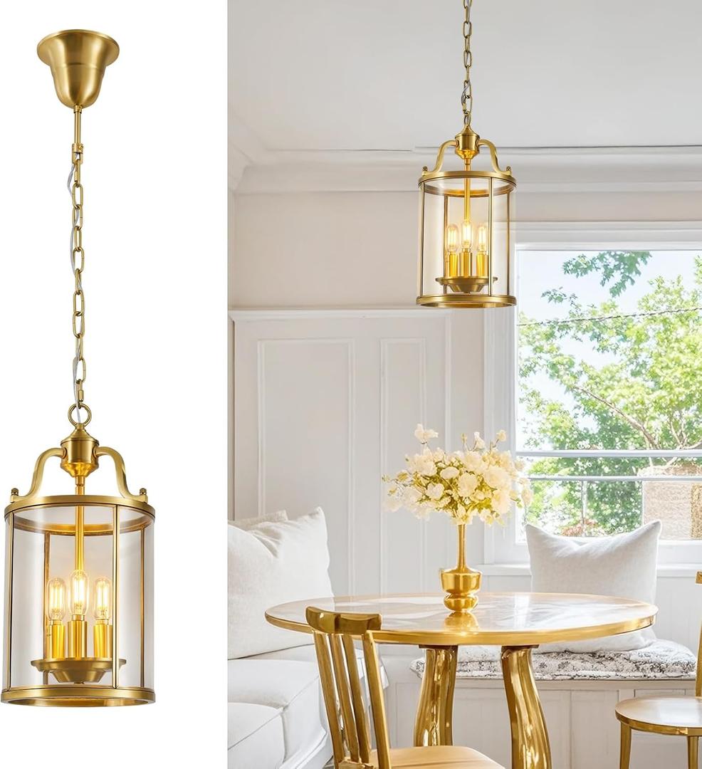 LMQNINE Antique Brass Pendant Lights Kitchen Island Gold 3 Light Chandelier 7.87 in Brass Solder Glass Pendant Light Bedroom Dining Room Entryway Vintage Light Fixture 1 Pack
