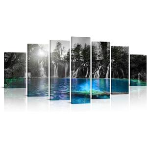 sechars XLARGE 7 Piece Waterfall Canvas Wall Art Black and White Teal Waterfall Landscape Picture Painting for Home Living Room Decor 10"x16"x2pcs+10"x24"x2pcs+10"x28"x2pcs+10"x32"x1pc(total W-70" x H- 32")
