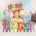 3 x Yquqwn Easter Table Decorations, Wooden Bunny Tabletop Decor with LED Lights, Wooden Bunny Sign with Plush Tail Vintage Plaid Style, for Easter Table Decor Spring Home Mantel Desk Office Party Decorations