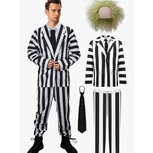 Kuberas Adult Sacry Halloween Costume for Men Black and White Striped Suit Blazer Tie Pants Wig Halloween Cosplay Outfits Size 3XL