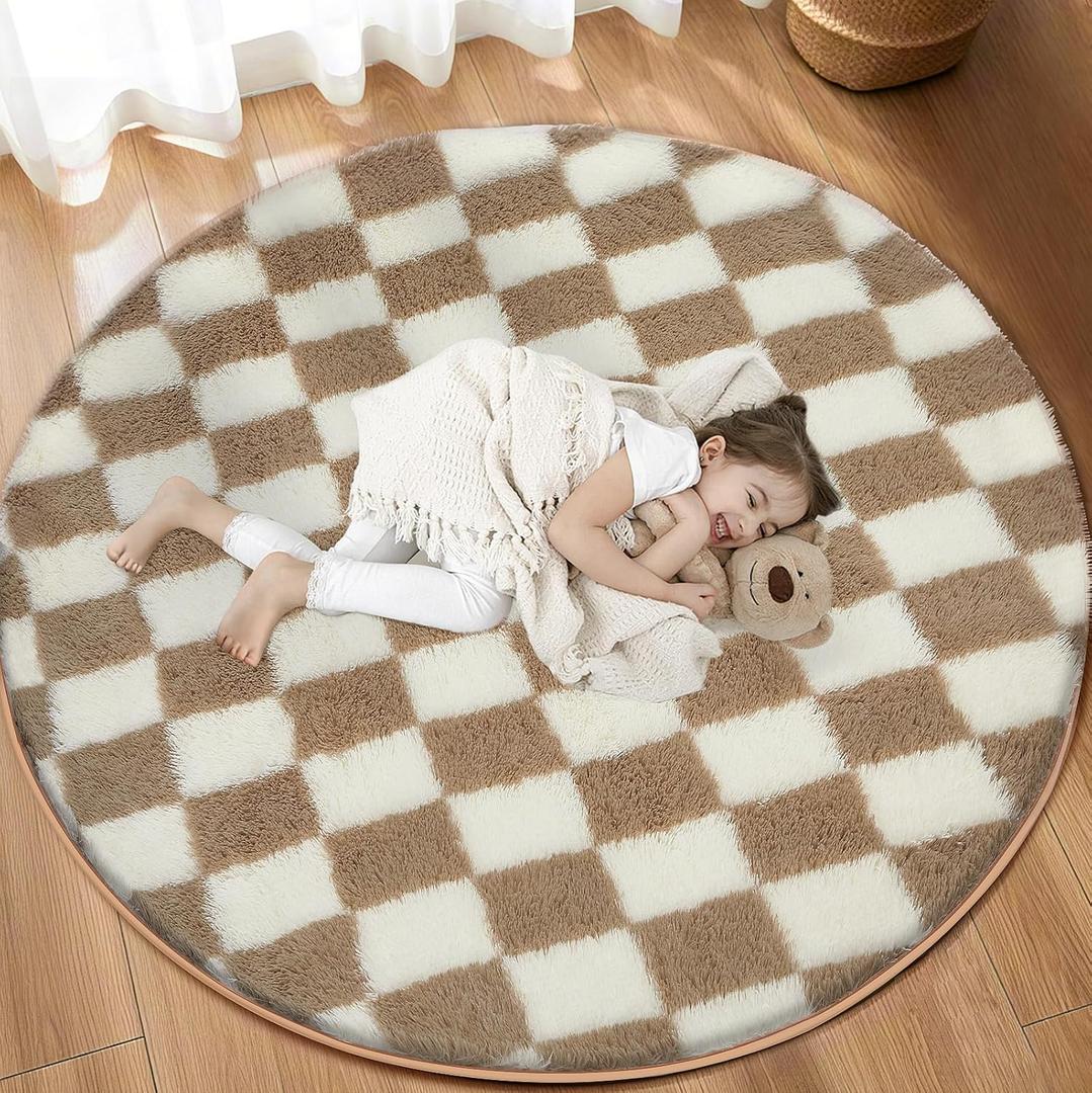 TOOHUB Super Soft Rug, Round Rug for Bedroom, 4X4 Ft Beige and White Checkered Round Rug Non-Slip High Pile Cute Soft Fluffy Rug for Living Room Bedroom Kids Room