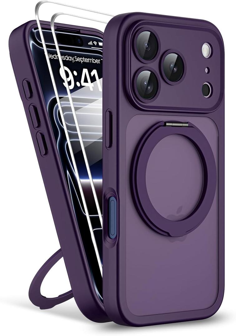 Magnetic for iPhone 17 Pro Max Case 2 x Screen Protector Compatible with MagSafe Translucent Matte Military Grade 17FT Drop Shockproof Full Camera Protection 360 Spin Stand Phone Cover Purple