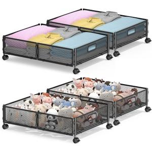Under Bed Storage with Wheels, Rolling Under Bed Storage Bins for Shoes Clothes, Foldable and Easy Mobility (4 Pack, Black)