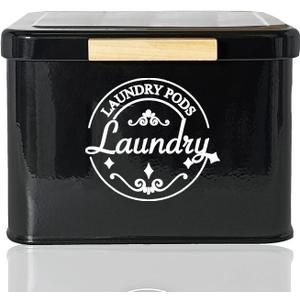Laundry Pods Holder with Hinged Lid, Farmhouse Space-Saving Metal Container for Laundry Room Decor Organization and Storage, Detergent Dispenser for Efficient Laundry Room Use-Black