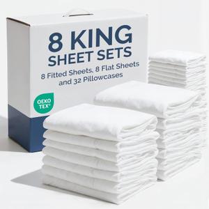 Bulk Case Pack of 8 Sheet Sets - Complete 6 Piece Sheet Sets - Bulk King Bedding - Wholesale Case Pack for Hotels, Spa & Airbnbs - Deep Pocket, Fade & Wrinkle Free - Cooling & Breathable - King, White