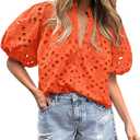 PRETTYGARDEN Women's Summer Tops 2025 Dressy Casual Short Sleeve V Neck Buttons Hollow Out Lace Embroidered Blouses Shirts (Orange)
