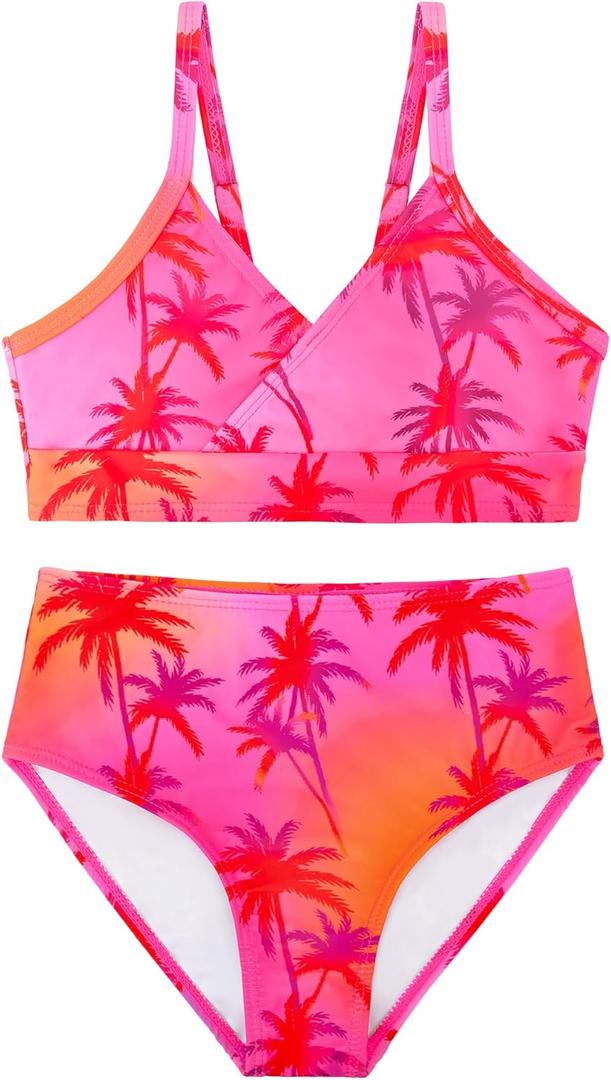 Girl's 2 Piece Swimsuit Spaghetti Strap Cute Bikini High Waisted Bathing Suit Swimwear Size 8-12 (Coconut Tree)
