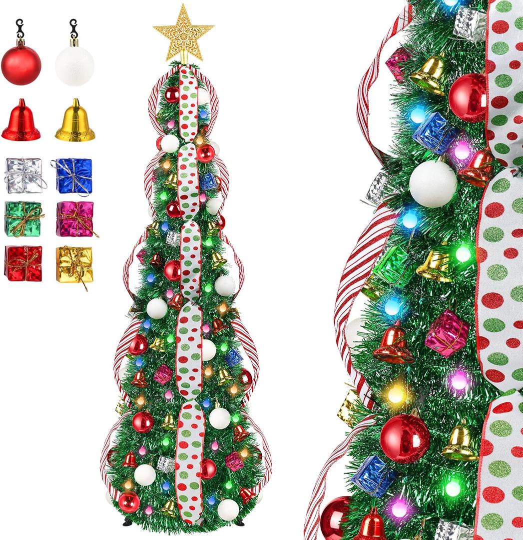 5 FT Collapsible Pop Up Christmas Tree, Pre Lit Pencil Christmas Tree with Multi Color Change Lights and DIY 63 Ornaments, Pre Decorated Artificial Tree with Xmas Decor Home Indoor Party (Green)