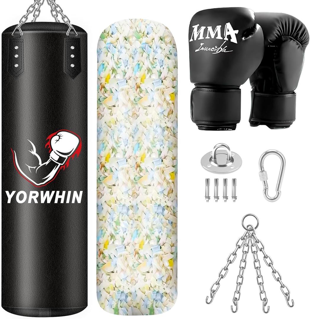 Filled Punching Bag for Adults, 4FT PU Leather Hanging Boxing Bag with 11lb Sponge Filler & 12OZ Boxing Gloves, Heavy Kicking Bag Boxing Equipment for MMA Training Karate Kickboxing
