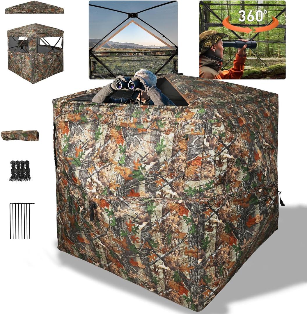 Hunting Blind 270/360 Degree See Through Ground Blind with Carrying Bag, 2/3 Person Pop Up Camouflage Tent Portable Concealed Shelter