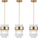 Dijiahua Pendant Lights Kitchen Island Gold 3 Pack,Crystal Pendant Light Fixtures Over Table, Mini Brass Dining Room 1-Light Chandelier,Modern Adjustable Cord Hanging Lamp for Bedroom,Sink
