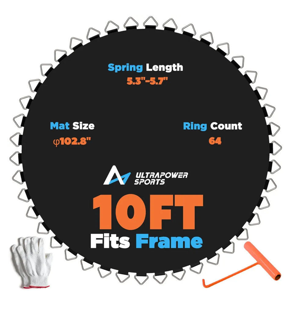 10FT Trampoline Mat Replacement 10 FT Trampoline Replacement Mat Jumping Mat with 64 V-Rings, Fits 5.3"-5.5" Springs 10FT Round Trampoline Frame, Spring Tool Gloves Included