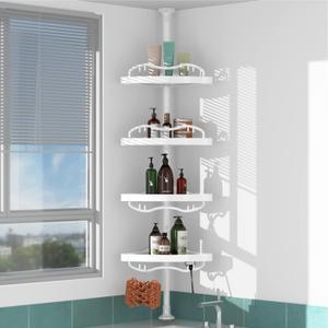 COCONUT Shower Caddy Tension Pole, 54-114 Inch Rustproof Corner Shower Caddy 4 Tier Adjustable Plastic Shelves for Bathtub Drill Free Shower Organizer Quick Installation Bathroom Storage Rack (White)