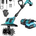 Cordless Tiller Cultivator, 360RPM Electric Garden Tiller, 2 * 3.0Ah 21V Batteries & Charger, Brushless Motor Battery Powered Garden Rototiller for Lawn/Gardening/Soil Cultivation
