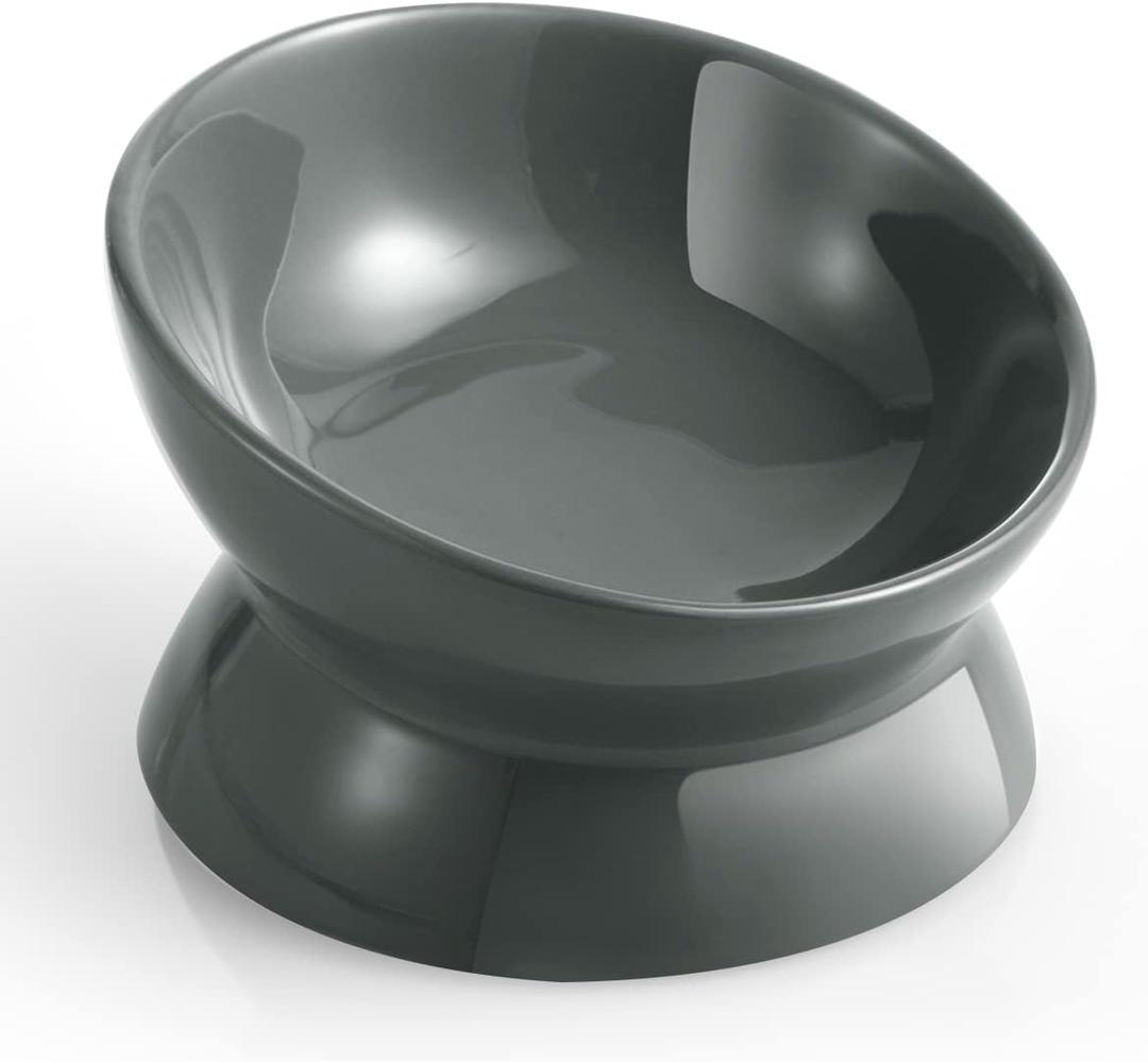 LoeJan Elevated Cat Food Bowl, 5 Oz Ceramic Raised and Tilted Water Bowl, Anti Vomiting and Protect Pets' Spines Dishes for Small Dog, Fat Faced Cat, Kitten (Gray, 1 Pack)