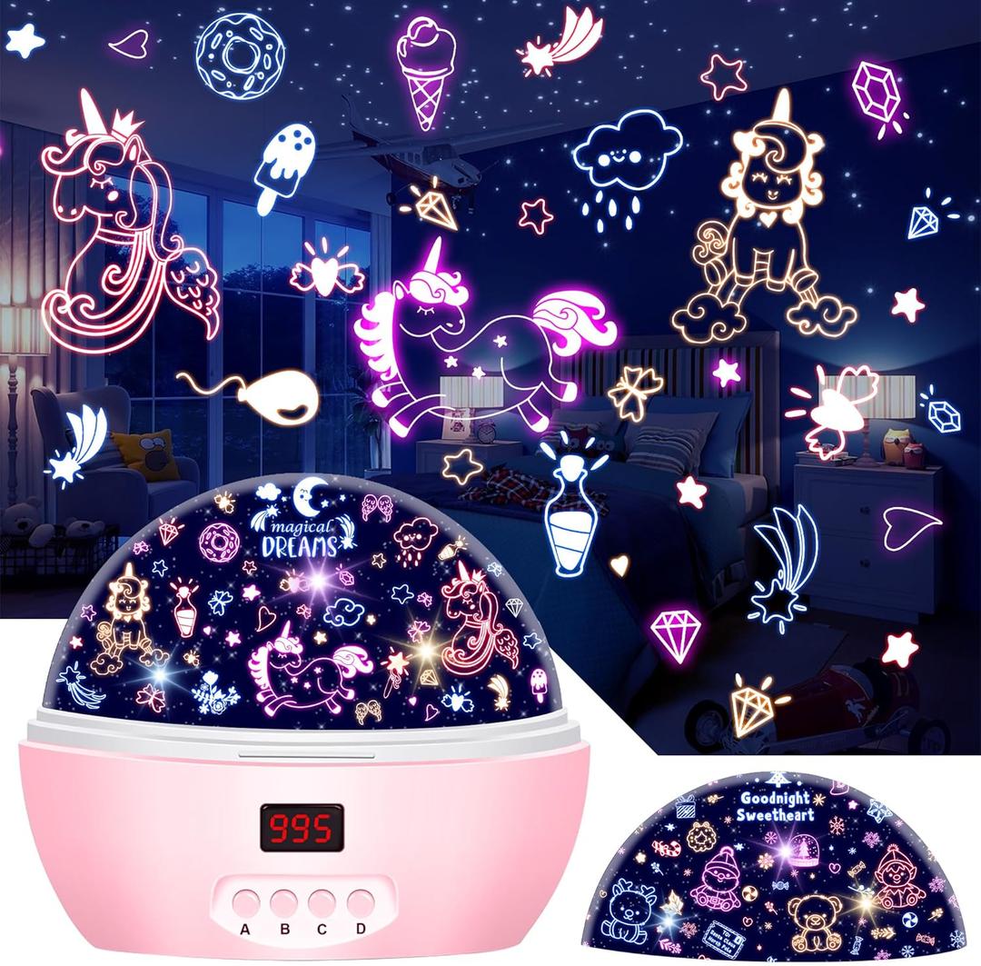 Kid Unicorn Night Light for Girls, and Baby Bear Night Lights Rotating Light Projector with Timer Color Changing Birthday Gifts for 3-5-10 Year Old Girls (Pink)