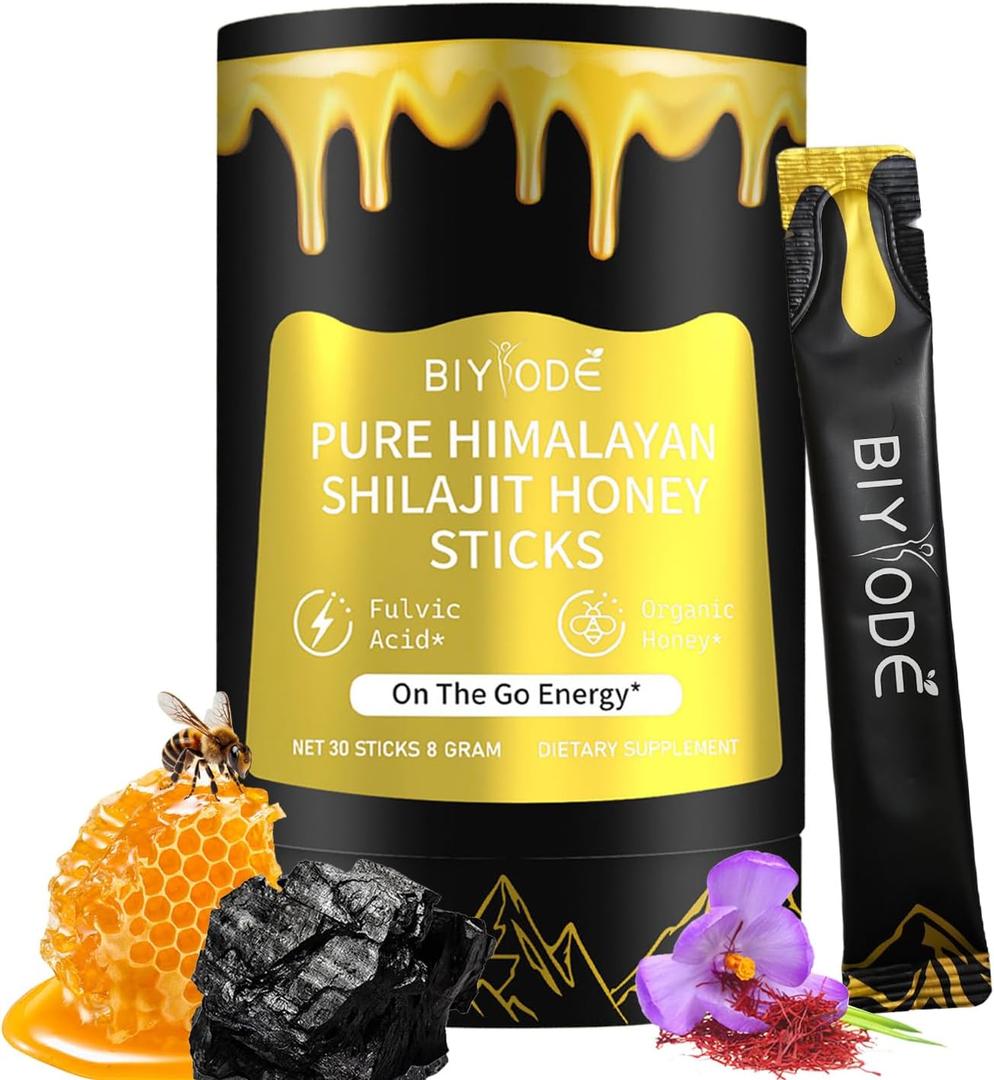 30 Pack High-Purity Himalayan Shilajit Honey Sticks, with Organic Honey & Saffron -, 3-Ingredient Natural, 85+ Minerals, for Men & Women Energy Immune Support; YL