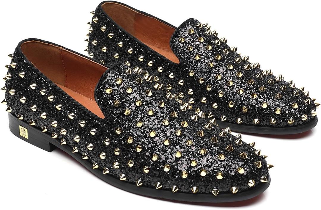 Men's Studded Loafers Spikes Rivets Luxury Dress Wedding Party Prom Shoes (8, Black Gold)