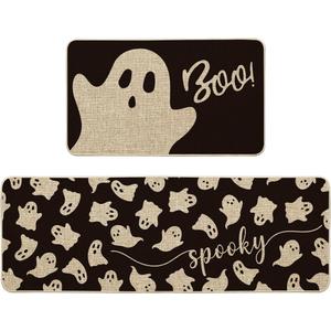Artoid Mode Spooky Ghosts Boo Halloween Kitchen Mats Set of 2, Black Home Decor Low-Profile Kitchen Rugs for Floor - 17x29 and 17x47 Inch
