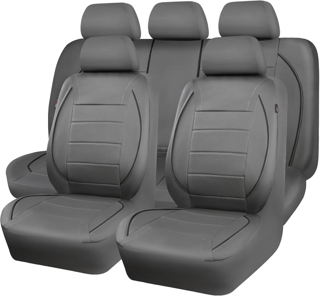 CAR PASS Piping Faux Leather Car Seat Cover Full Set,Grey Breathable Leather Seat Covers for Cars, Airbag Compatible,Universal Fit for SUVs,Van,Sedans,Small Trucks (Full Set, All Gray) (Grey with charcoal stripes)