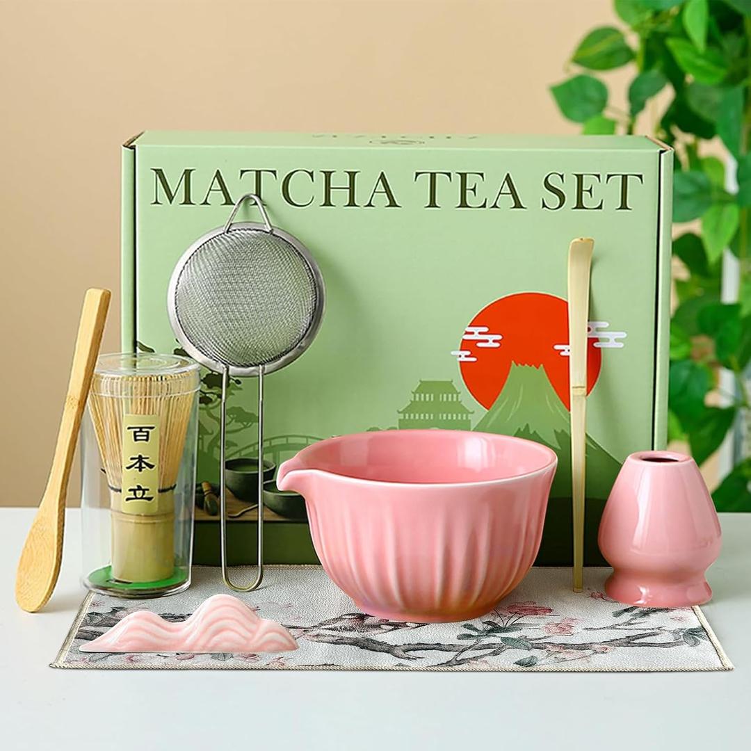 Matcha Whisk Set, 8 Pcs Matcha Kit Includes Matcha Bowl with Spout, Bamboo Whisk, Ceramic Holder, Bamboo Scoop x2, Scoop Rest, Stainless Sifter and Tea Towel, Gift for Matcha Lover (Pink)
