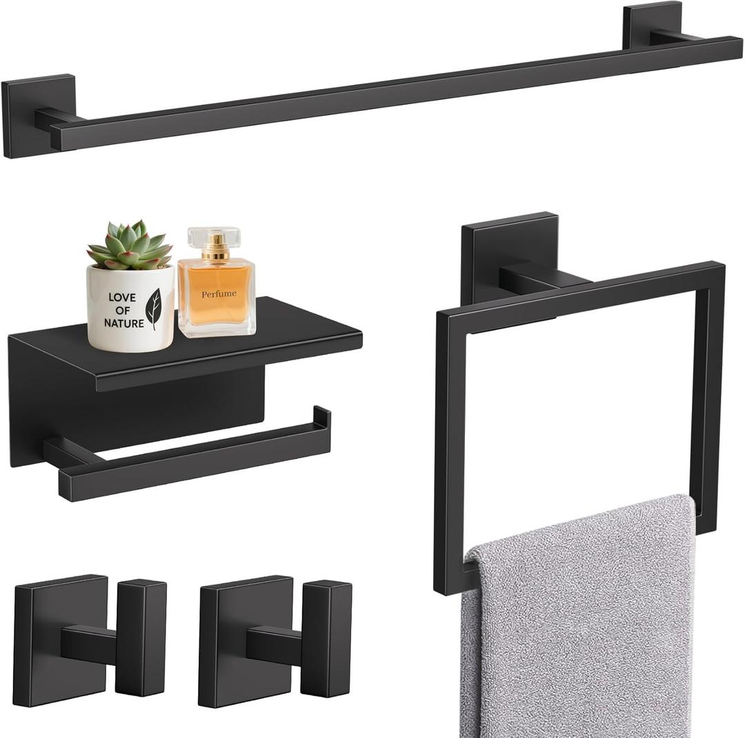TURS 5-Pieces Matte Black Bathroom Hardware Accessories Set 23.6" Towel Bar Set Wall Mounted Square Toilet Paper Holder with Shelf Stainless Steel