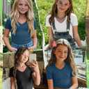 LessonZoo 3 Pack Girls Ribbed V Neck Shirts, 3-Color Set, 9-10 Years