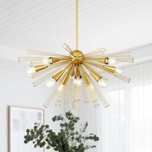 9MMML Gold 10-Light Sputnik Chandelier, Farmhouse Pendant Light Fixture with 48'' Height Adjustable Hanging Pole, 34'' Large Chandelier for Living Room, Dining Room, Kitchen, Bedroom, E26 Base