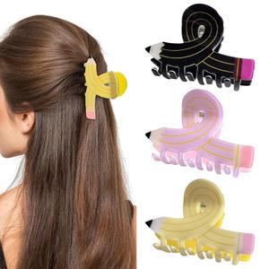 3 Pack Pencil Hair Claw Clips, Funny Teacher Hair Clips Unique Back To School Hair Clips Cute Hair Claw Clip for Women Girls Teachers Students Thin Thick Curly Hair (Black Pink Yellow)