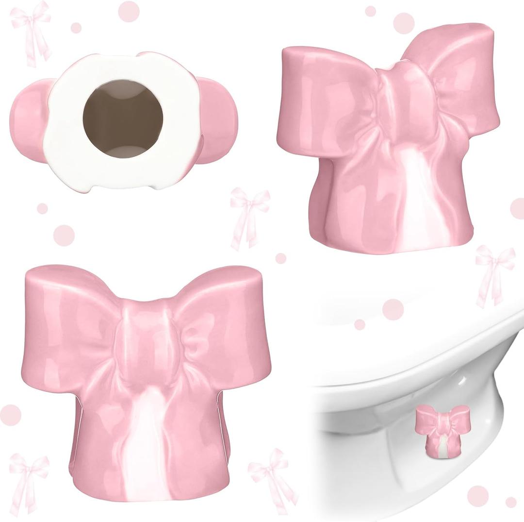 Wonderjune 2 Pack Toilet Bolt Caps Decorative Coquette Bow Bolt Screw Caps Ceramic Cute Bathroom Decor Fun Themed Gadgets Replacement Parts(Pink)
