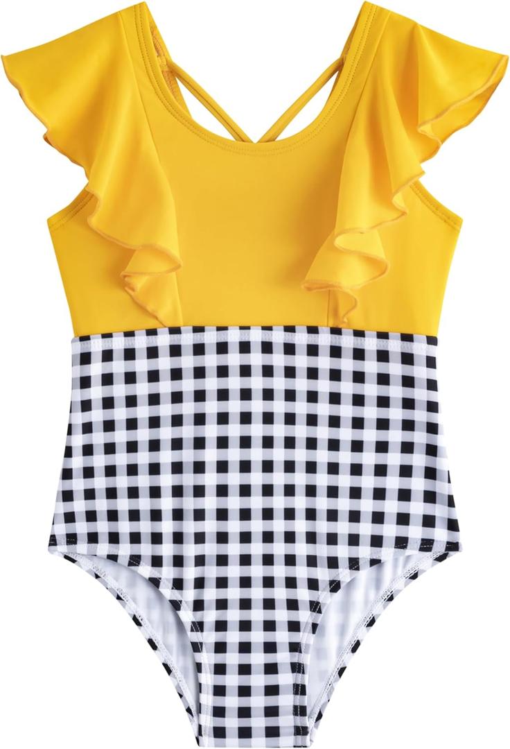 LIZENS Girls One Piece Swimsuit with Bright Colors Kids Swimwear Ruffle Swimsuit Beachwear (7-8 Years, Yellow)