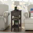 ChooChoo Narrow End Table with Charging Station, Side Table Living Room with USB Ports & Power Outlets and Hidden Drawer, 3-Tier Skinny Nightstand with 2 Open Storage Shelves For Small Place(Espresso), 12" x 24" x 24"