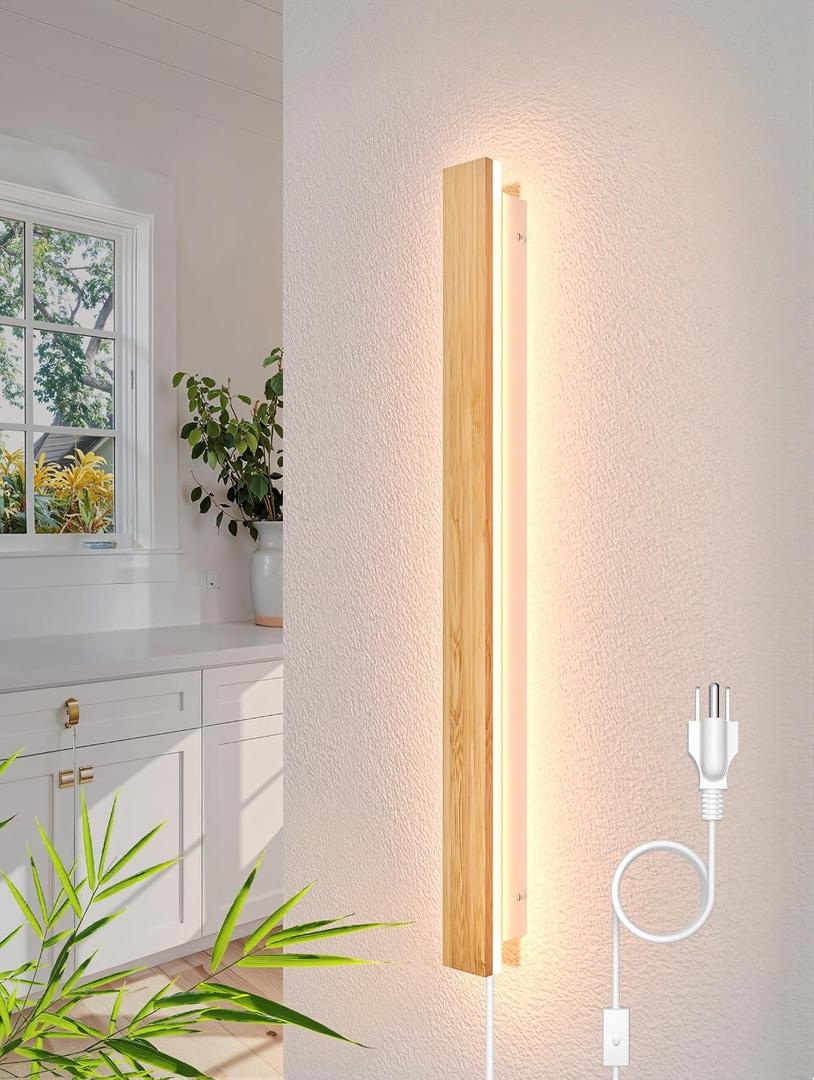 1 Pack Modern Plug in Long Wall Sconce 31.4 LED Bamboo Wall Lights 24W Long Strip Indoor Wall Lamp 3000K with 6.5FT Plug in Cord and On/Off Switch on The Cord for Living Room Hallway Stairwell