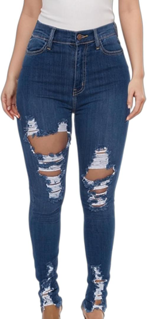 TodTan Women's Skinny Jeans Ripped Mid Rise Stretch Destroyed Denim Pants Jeans (M)