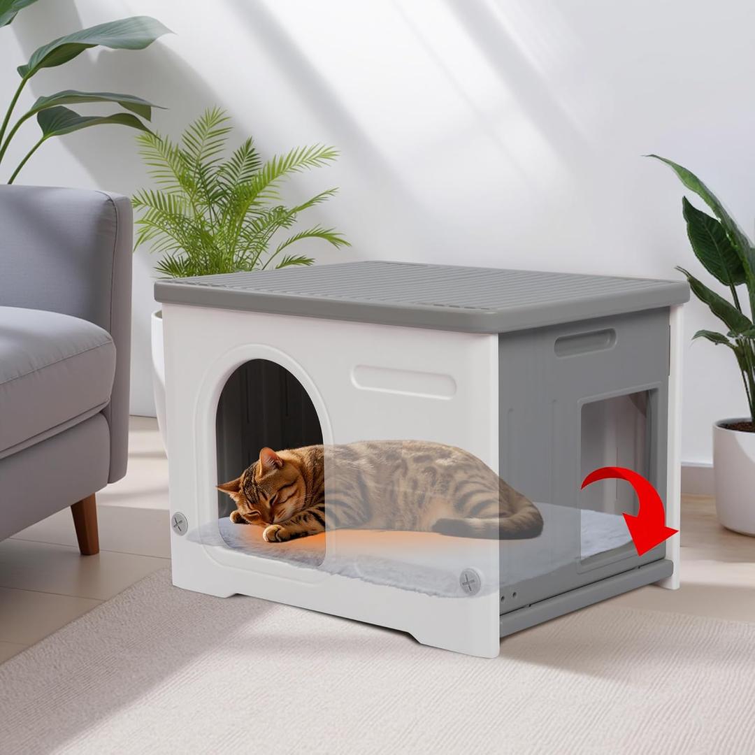 Plastic Cat House Outdoor & Indoor, Waterproof Feral Cat Houses with Escape Door, Sturdy Outdoor Cat House with Bed Mat, Outside Cat Shelter for Small Pet, Assemble and Clean Easily-Grey