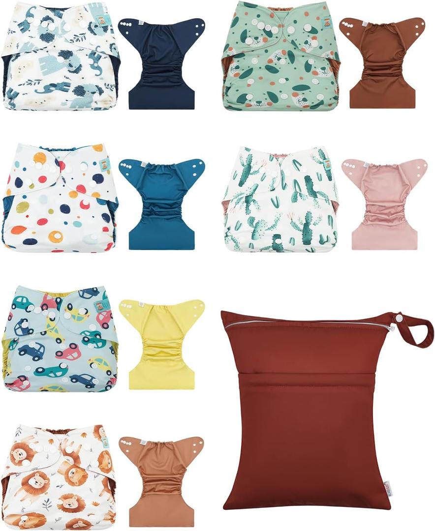 ALVA Baby Cloth Diaper Covers with One Wet Bag, Swim Diaper,Cloth Nappy Shell Baby Girls and Boys (Regular 6pcs, Natural Color With 6 Pcs)
