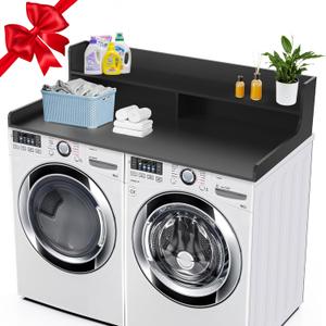 Washer Dryer Countertop with 2-Tier Shelf, 3" H Raised Edge Laundry Topper for Washer and Dryer, 54" W x 27.5" D Laundry Room Countertop Organization Storage with Non-Slip Pad (Black)
