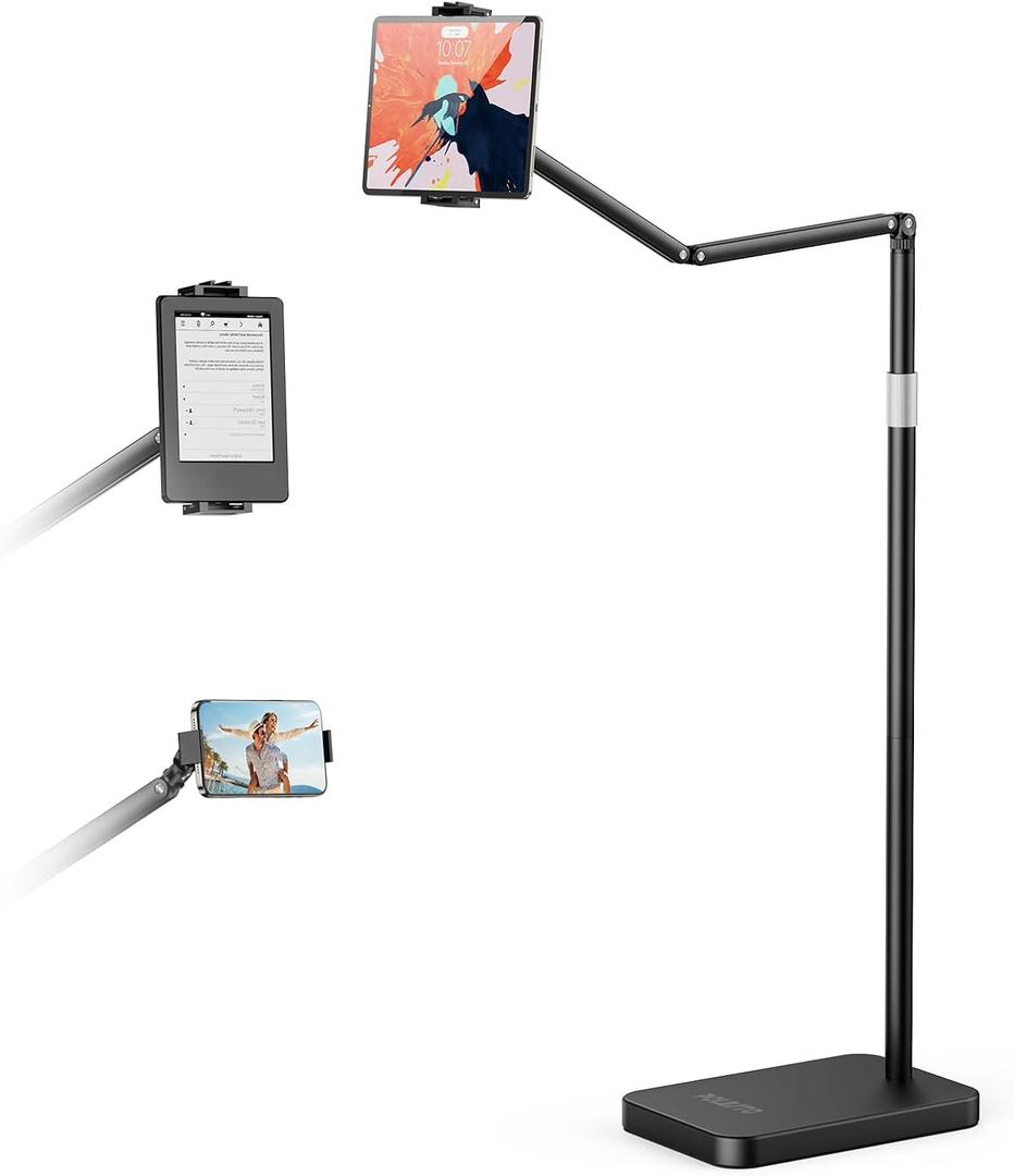 Tablet Floor Stand with 10.6 LB Heavy Metal Base, Adjustable Height Stretchable Arm Overhead Bed Phone Stand, Compatible with iPad mini Air Pro, Kindle, Switch, Galaxy Tab, Cell Phones
