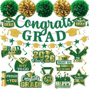 2 x Green Graduation Decorations 2026, Glitter Congrats Grad Banner Hanging Swirls and Tissue Pom Poms, Green and Gold Graduation Decorations for Class of 2026 College Graduations Party Decorations