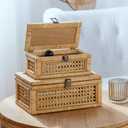 Rattan Decorative Box with Lid, Set of 2 Wicker Storage Baskets, Rectangular Woven Stacking Display Boxes with Glass Top, Large Natural Cane and Wood Storage Bins for Home Decor, Boho Shelf Organizer