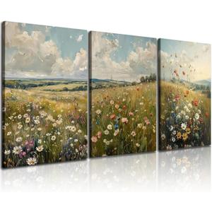 3pcs vintage wildflower wall art farmhouse field landscape canvas decor natural scenery colorful floral oil painting print suitable for living rooms bedrooms studies and offices16x24 Inches Framed