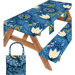 Picnic Table Cover with Bench Covers Waterproof Elastic Rectangle Tablecloth Camping Essentials Supplies Rv Car Travel Gear Must Haves Accessories Fitted Table Cloth Outdoor Road Trip Camper Gifts 6ft