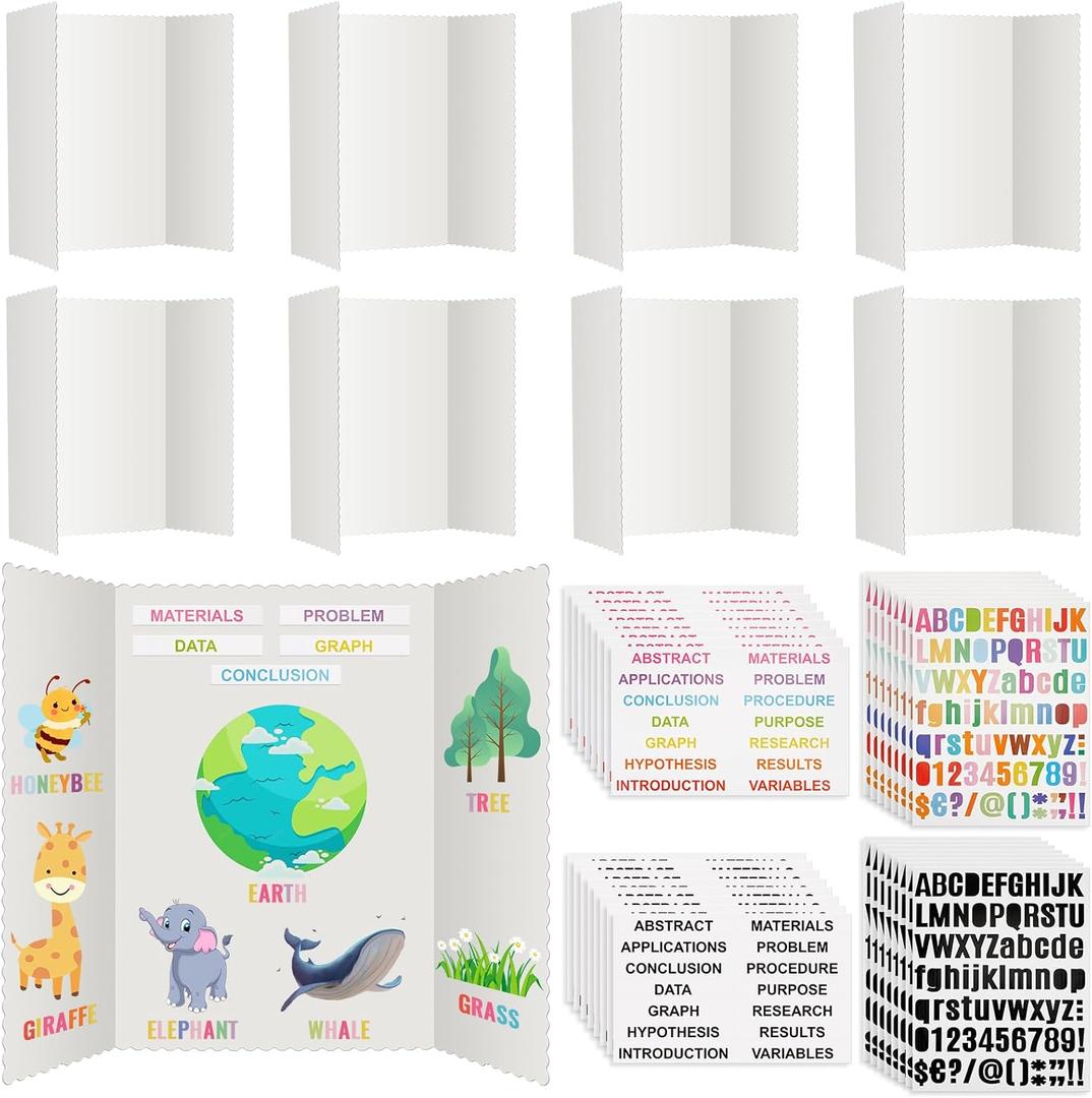 Teling 40 Pcs Trifold Poster Board 36" x 48" Large Science Fair Display Board Lightweight Fold Presentation Paperboard 8 Trifold Display Paperboard and 16 Letter Stickers and 16 Pcs Science Titles
