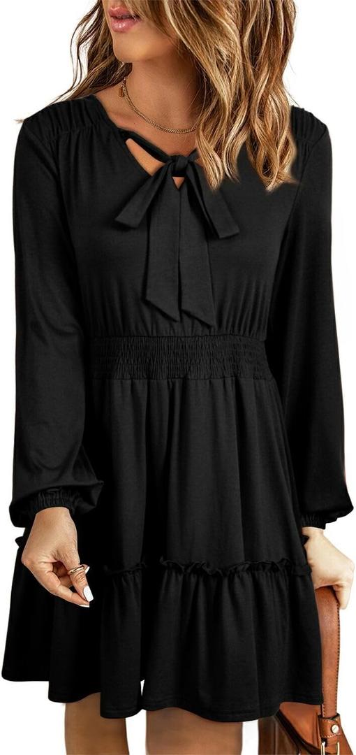 BLENCOT Womens Long Sleeve V Neck Tunic Dress Casual Loose Flowy Mini Tiered Swing Shift Dresses Black Medium