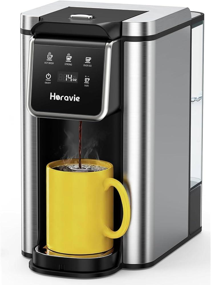 Horavie Single Serve Coffee Maker for K-Cup Pod and Grounds, Hot and Iced Coffee Maker, Strong Button Feature, 6 to 14oz Brew Sizes, 50oz Removable Tank, Up to 6.5 Inch Cup, Stainless Steel, Black