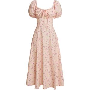 RIHOAS Womens Summer Dresses Square Neck Vintage Short Sleeve Midi Dress Casual Puff A Line Chiffon Sundress (Pink, M)