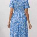 Womens Midi Floral Dress - Short Sleeve Wrap V-Neck Summer Dress with Smocked Waist - A-Line Spring Dress with Pockets (Blue, S)